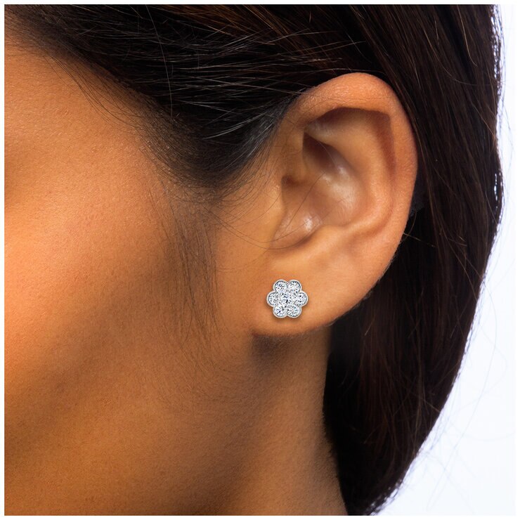 18KT White Gold 1.30ctw Round Brilliant Cut Diamond Flower Earrings