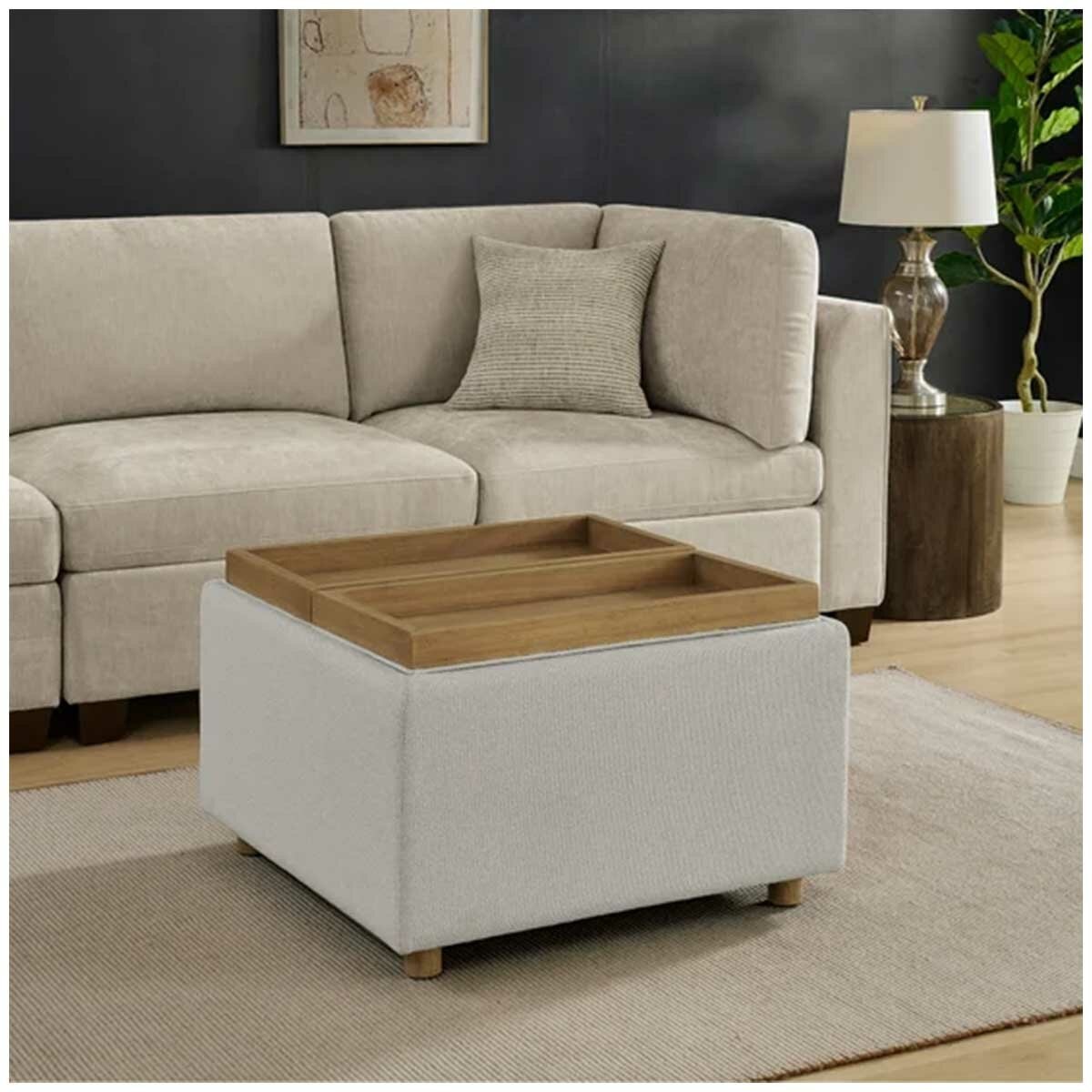 Henredon Sona Fabric Storage Ottoman with Reversible Wood Tray Tops