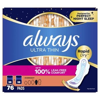 Always Ultra Thin Overnight Pad With Wings 76 Pack