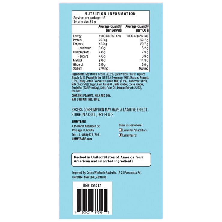 Jimmy! Protein Bars 18 x 58g Costco Australia