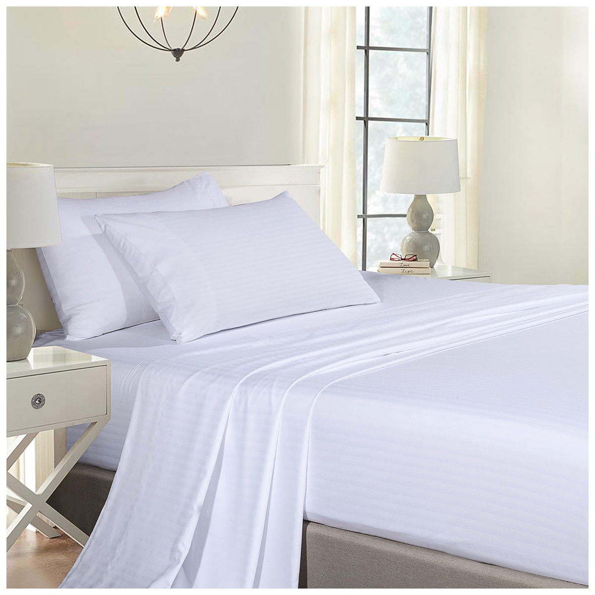Bdirect Royal Comfort Blended Bamboo Sheet Set with stripes Queen - White