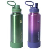 ThermoFlask Double Wall Stainless Steel Bottles With Spout And Straw Lid 2 Pack Green And Purple
