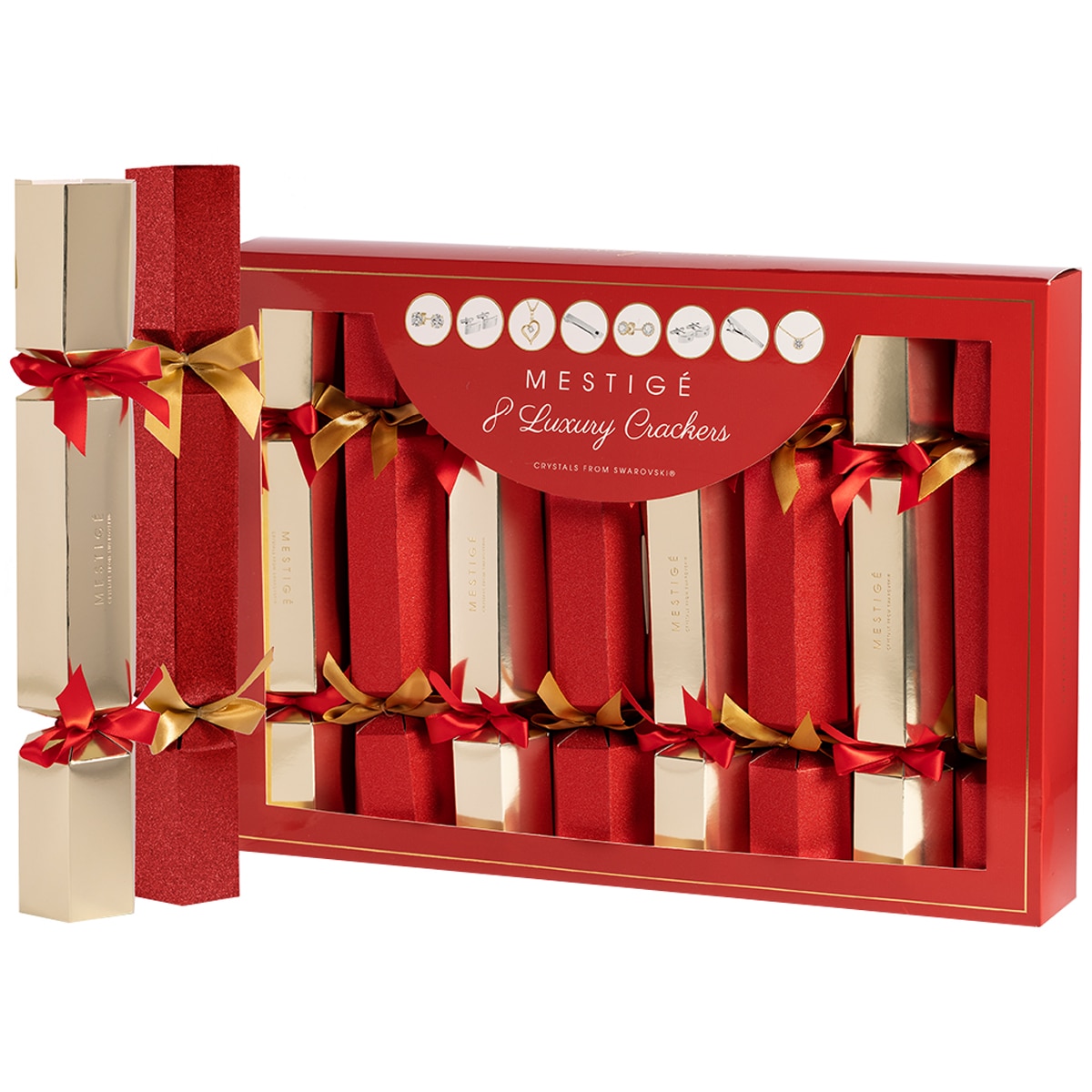 Mestige Premium Swarovski Crystal Christmas Crackers 8pk Red & Gold