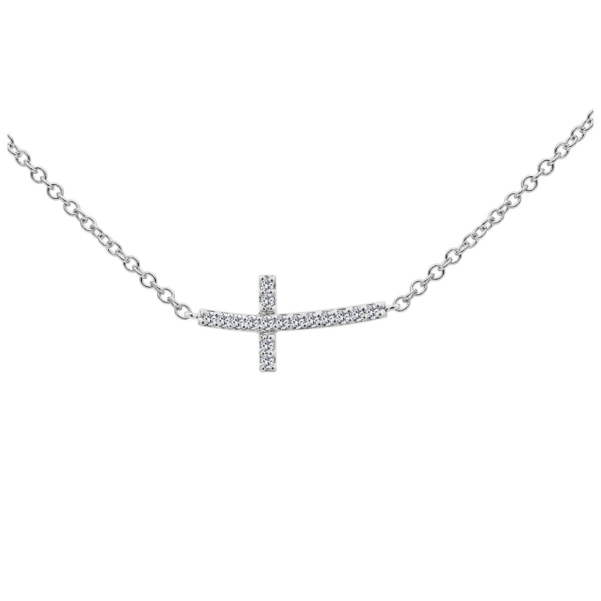 18KT White Gold 16 Round Diamond Horizontal Cross Necklace 0.13ctw