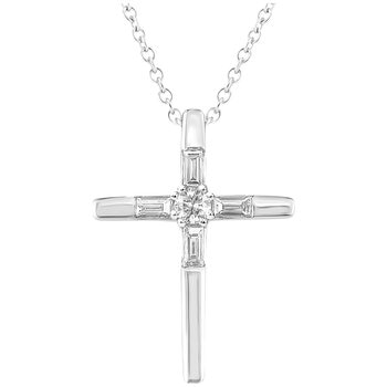 14KT White Gold 0.20ctw Round And Baguette Diamond Cross Pendant