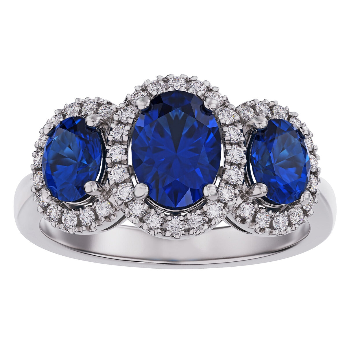 18KT White Gold 0.24ctw Diamond And 3 Oval Sapphire Ring