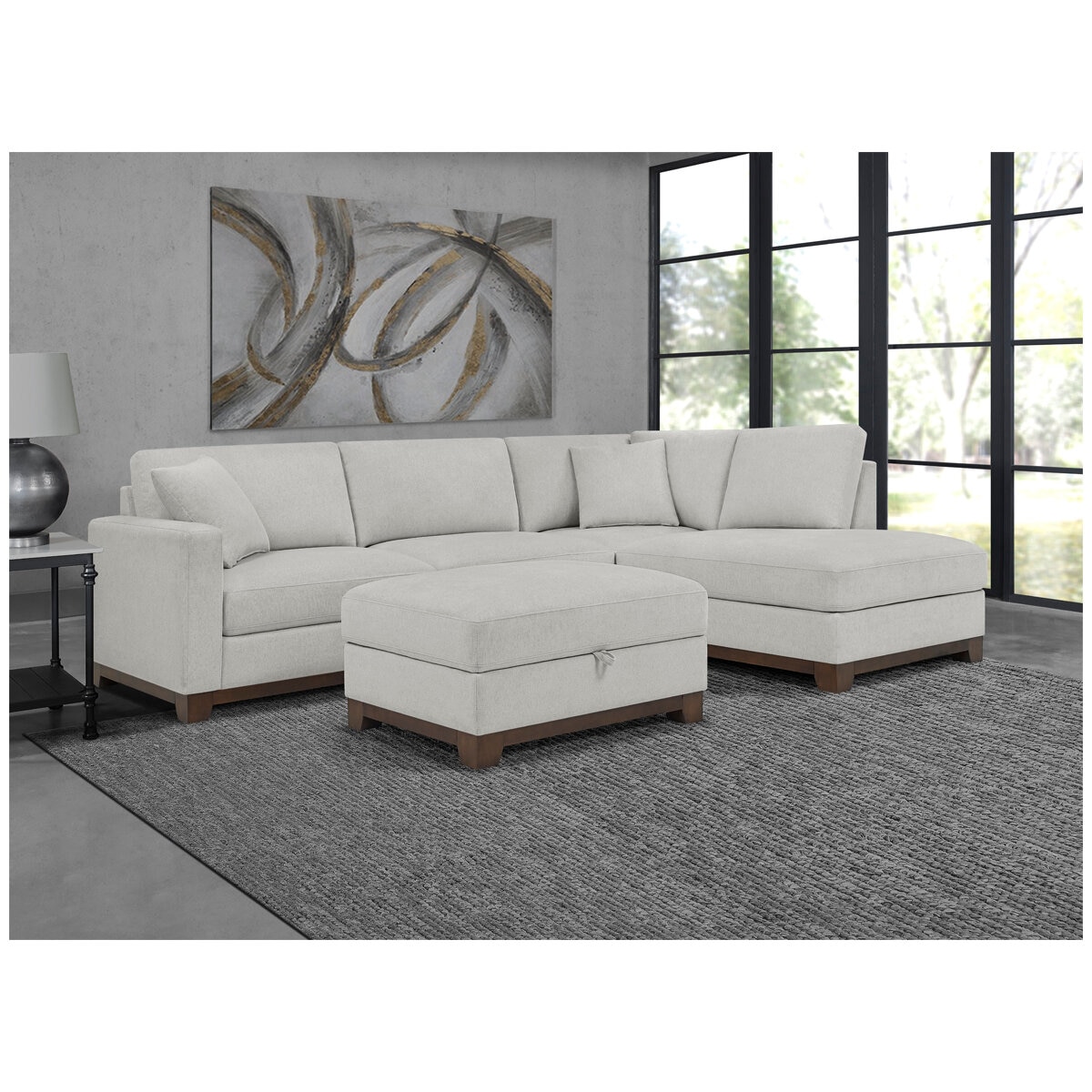 Thomasville 3 Piece Fabric Sectional With Chaise and Storage Ottoman