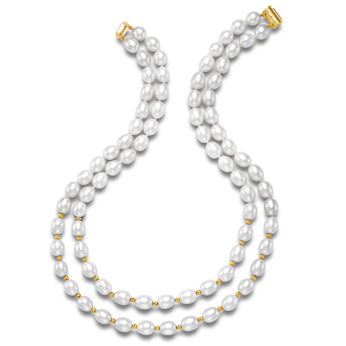 14KT Yellow Gold Two-Row 8-9mm Oval Freshwater Pearl Diamond Cut Bead Necklace
