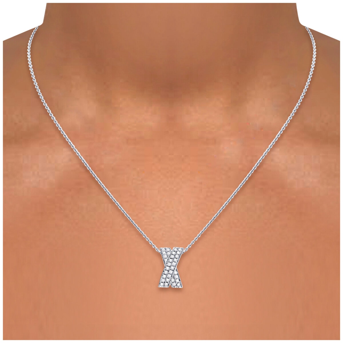 18KT White Gold 0.18ctw Round Diamond 'X' Pendant 18 Inch Chain