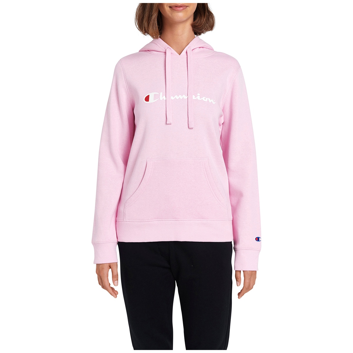 pink champion script hoodie
