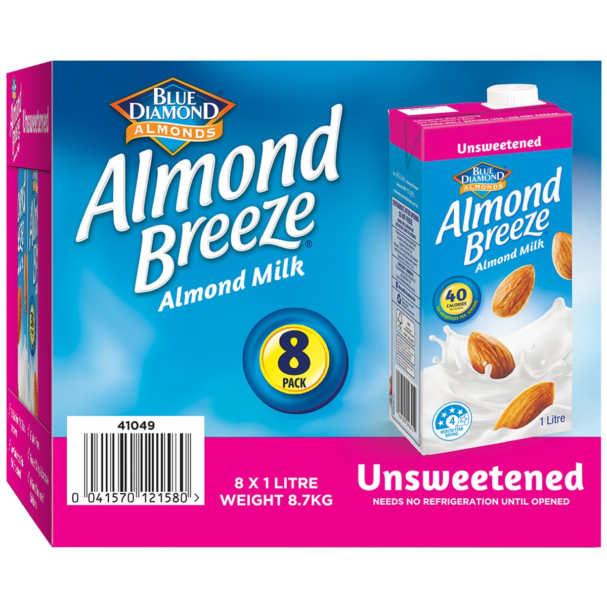 Blue Diamond Almond Breeze Unsweetened Almond Milk 8 x 1L