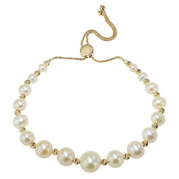 14KT Yellow Gold 4.5-9mm White Cultured Freshwater Pearl Gold Ball Adjustable Bracelet