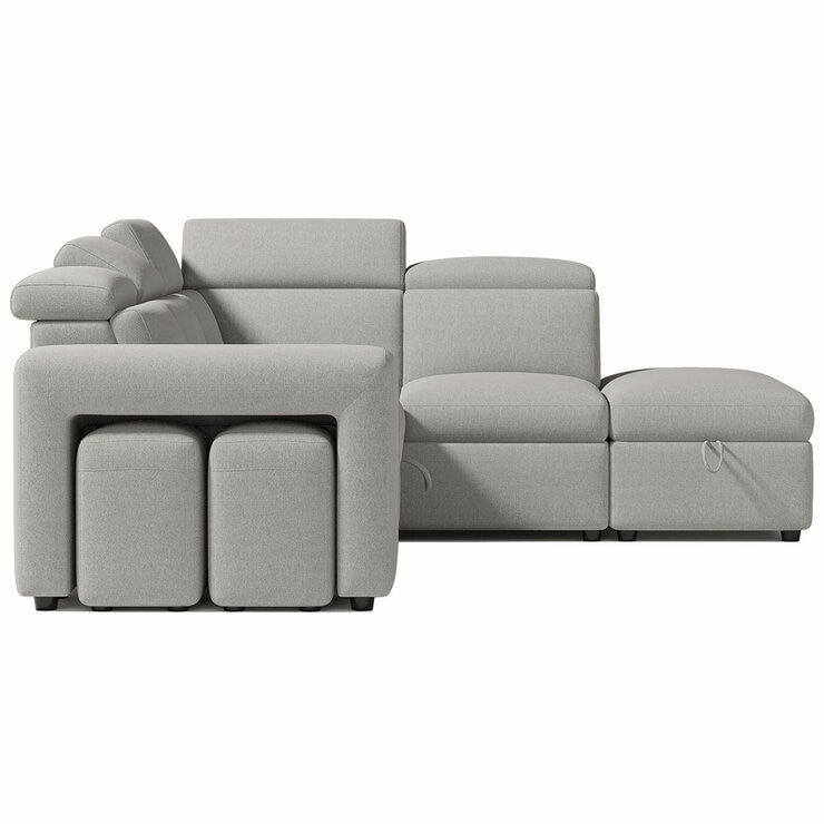 Valencia Finn Fabric Sectional Lounge Bed Right Storage Ottoman Light Grey