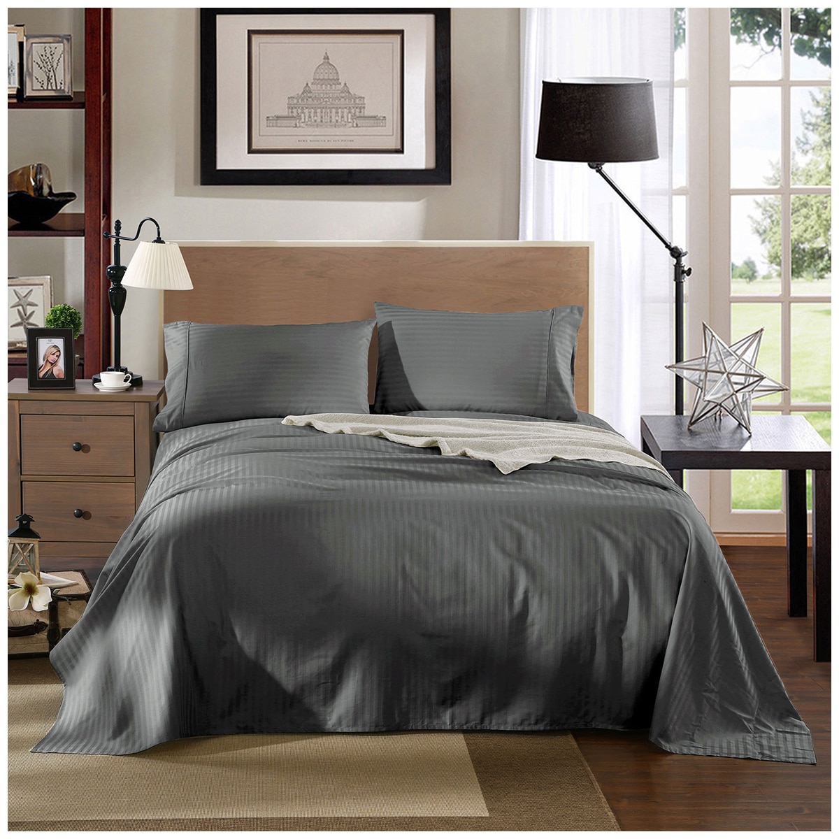 Bdirect Kensington 1200TC Cotton Sheet Set in Stripe - Single Charcoal