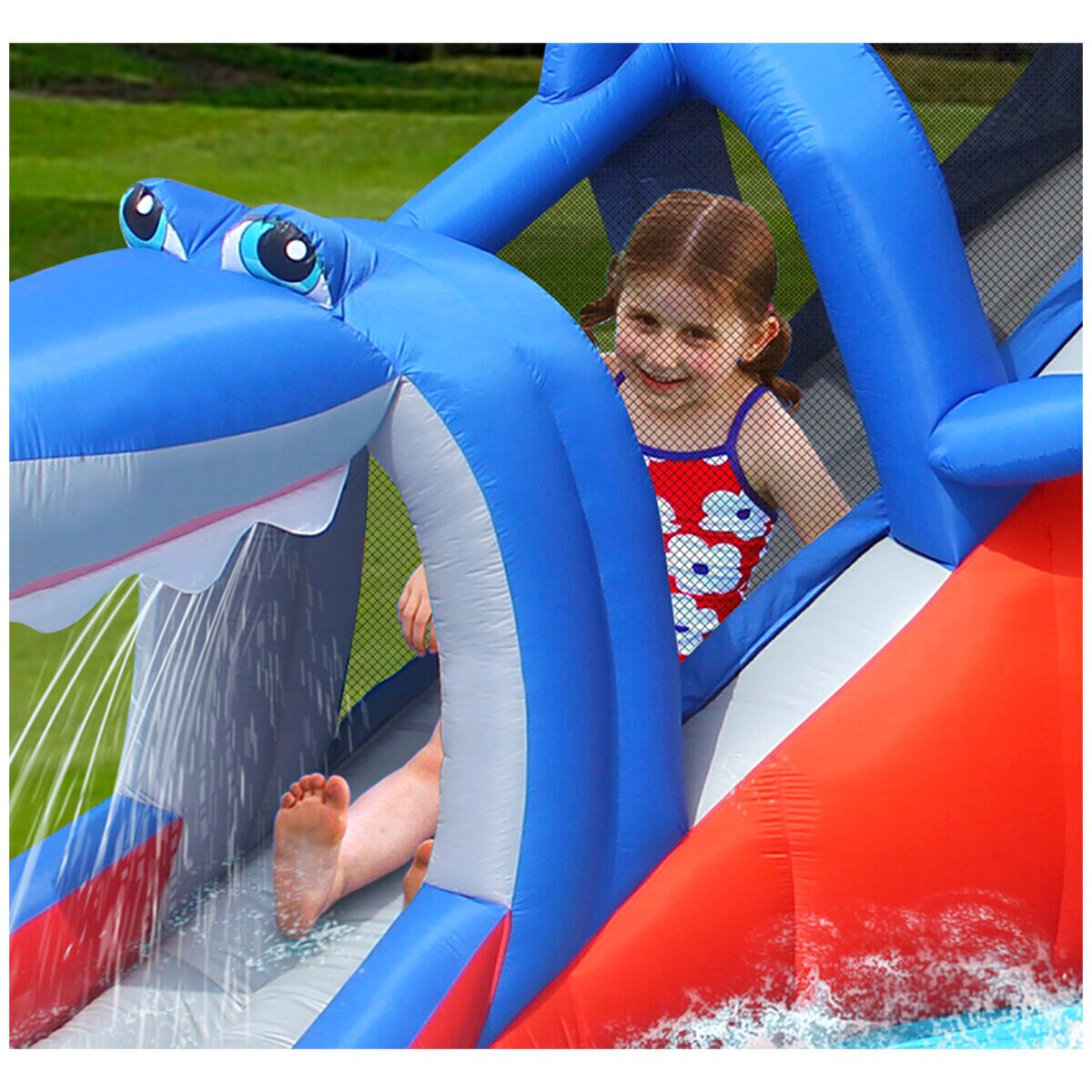 Happy Hop Shark Cave Adventure Waterslide - Inflatable Water Park With Climb Wall