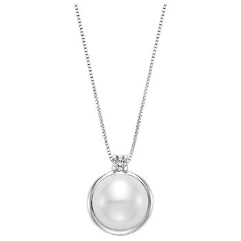 18KT White Gold Button Shaped Cultured Freshwater Pearl And Diamond Pendant