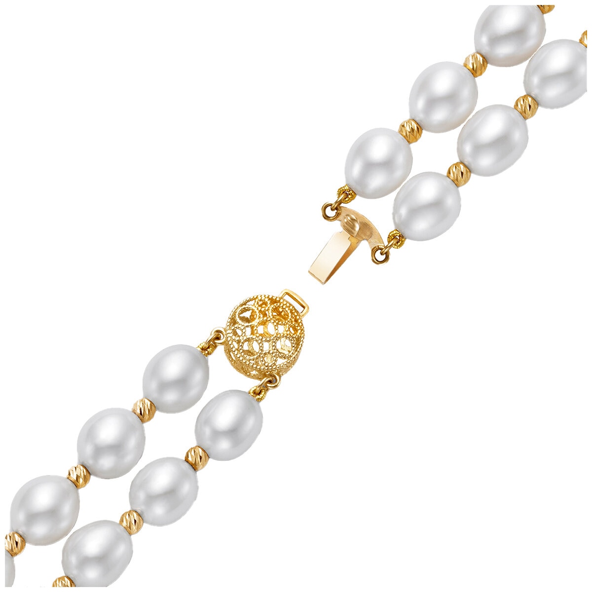 14KT Yellow Gold 2-Row 8-9mm Long Shape Freshwater Pearl Diamond-Cut beads Flower Bracelet