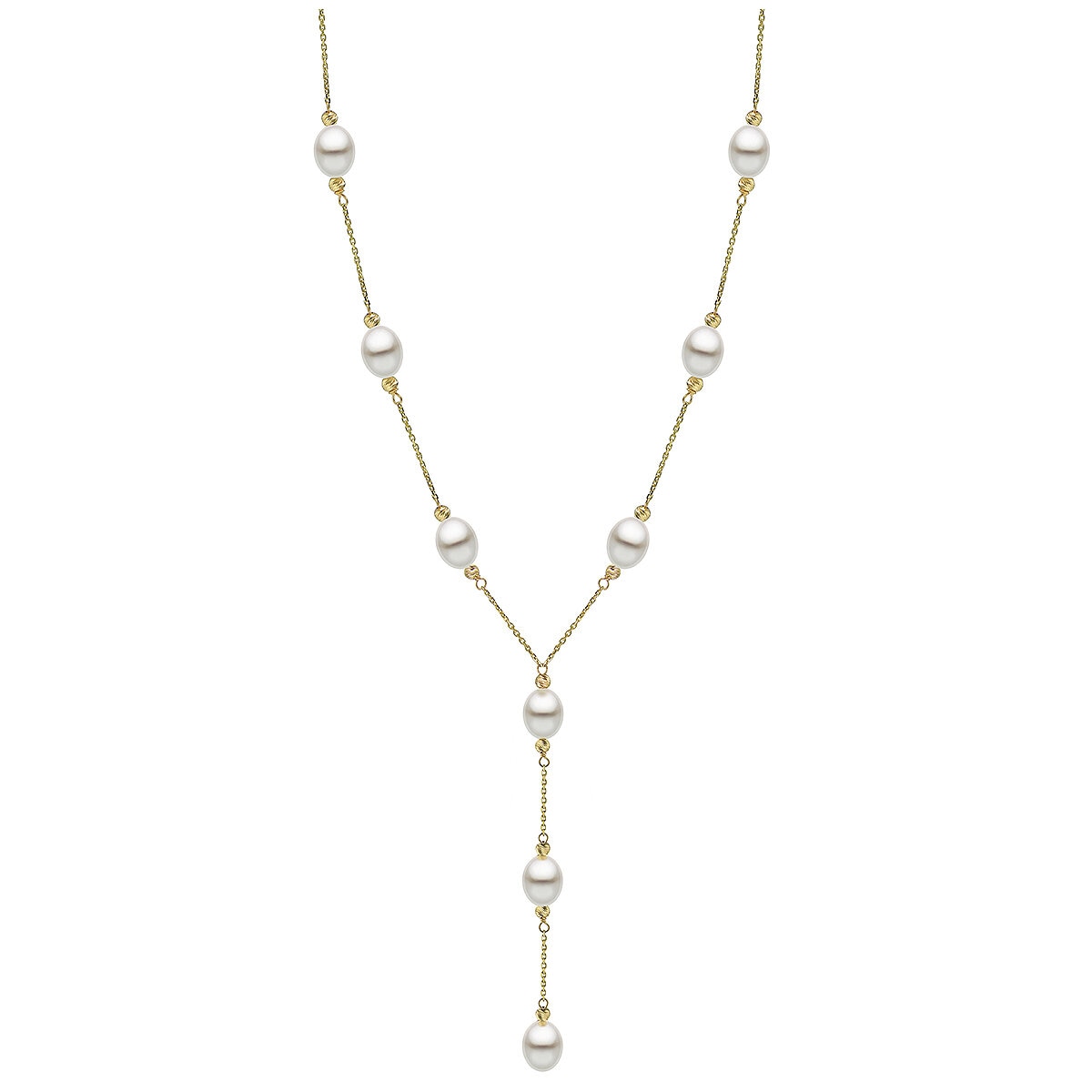 18KT Yellow Gold 8-9mm Oval Freshwater Pearl & Pyramid Beads Hanging Cable Chain Necklace
