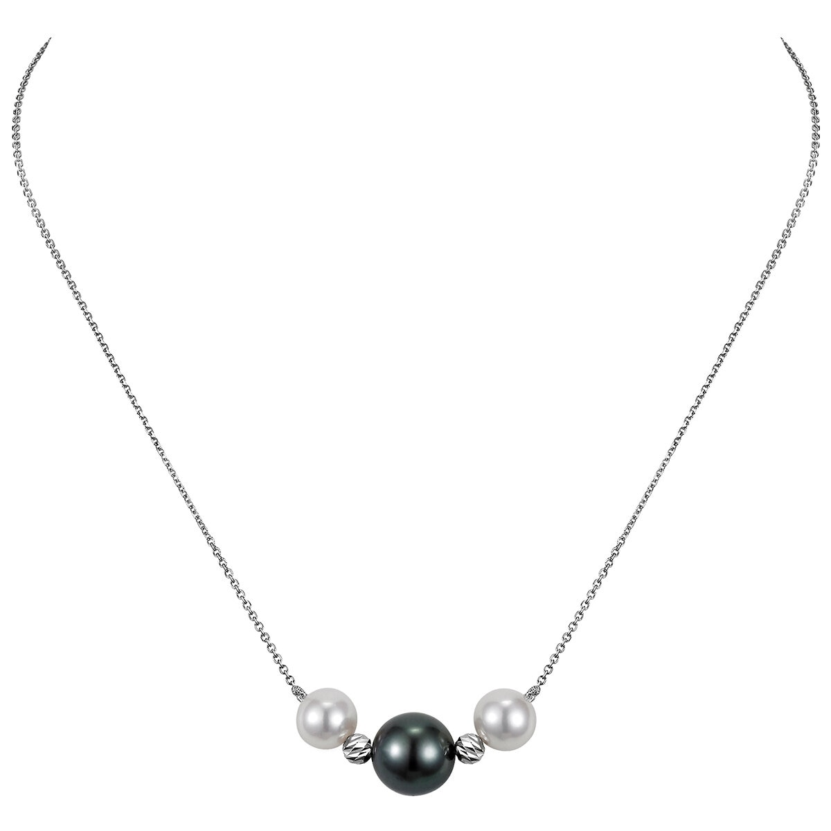 14KT White Gold 8-9mm Cultured Freshwater And 10-11mm Cultured Saltwater Tahitian Pearls And Diamond Cut Bead Necklace