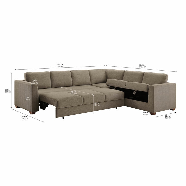 Thomasville Caler 3 Piece Fabric Sectional with Sleeper and Storage Seat
