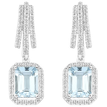18KT White Gold Emerald Cut Aquamarine And Diamond Earrings