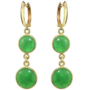 14KT Green Jade Double Round Bezel Hoop Earrings