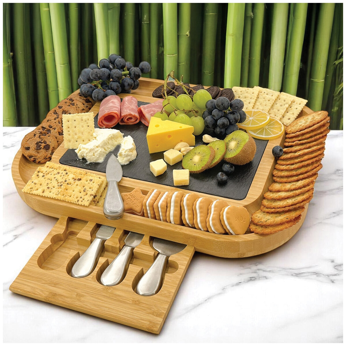 Carrara Bamboo Cheese Board With Stainless Steel Knives