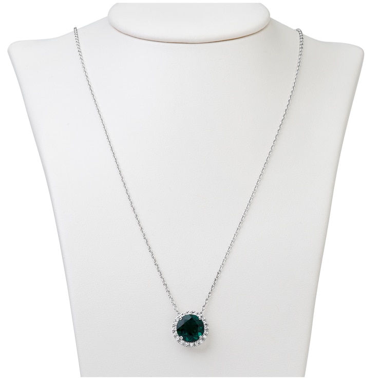 Round 18KT White Gold Lab Created Emerald and Diamond Pendant Costco