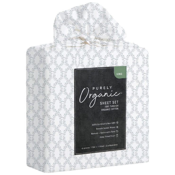 Purely Organic 300TC Cotton Sheet Set 4 Piece King Evelyn Block Vine Blue Purely Organic 300TC Cotton Sheet Set 4 Piece King Evelyn Block Vine Blue
