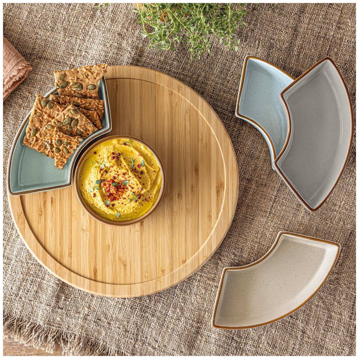 over&back Bamboo Lazy Susy With 5 Stoneware Dishes over&back Bamboo Lazy Susy With 5 Stoneware Dishes