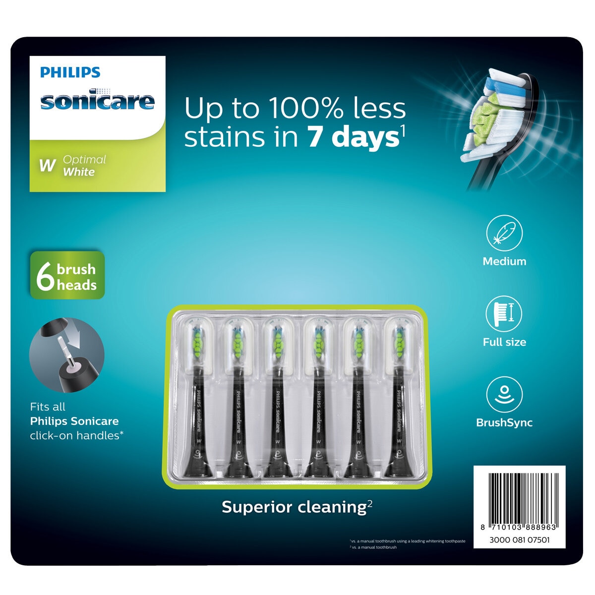 Philips Sonicare W2 Optimal White standard brush heads, 6 pack, Black