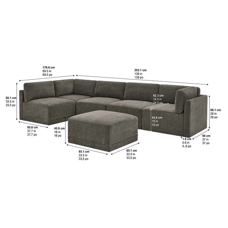 Thomasville 6PC Fabric Modular Sectional with Ottoman Grey