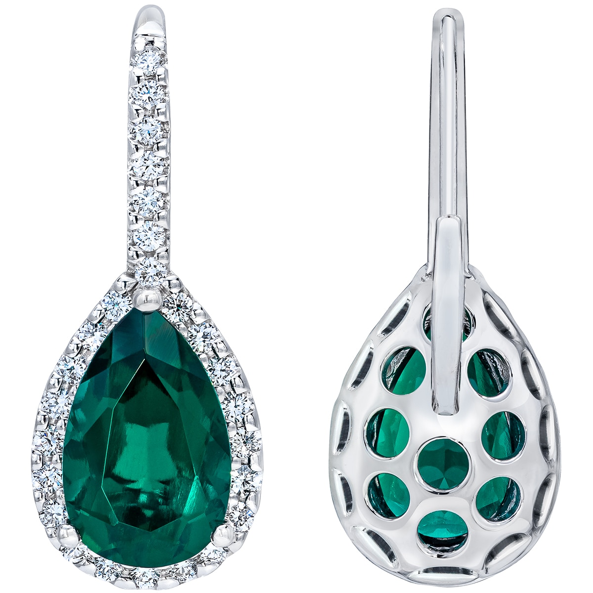 18KT White Gold Lab Created Emerald and Diamond Earrings