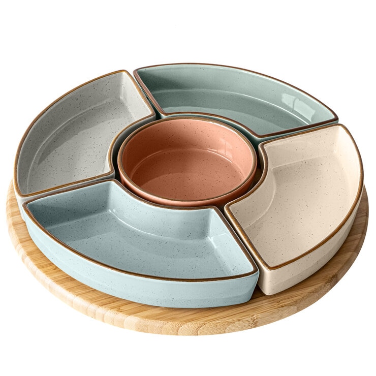 over&back Bamboo Lazy Susy With 5 Stoneware Dishes