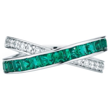 18KT White Gold 0.25ctw Round Diamond And Lab Emerald Ring