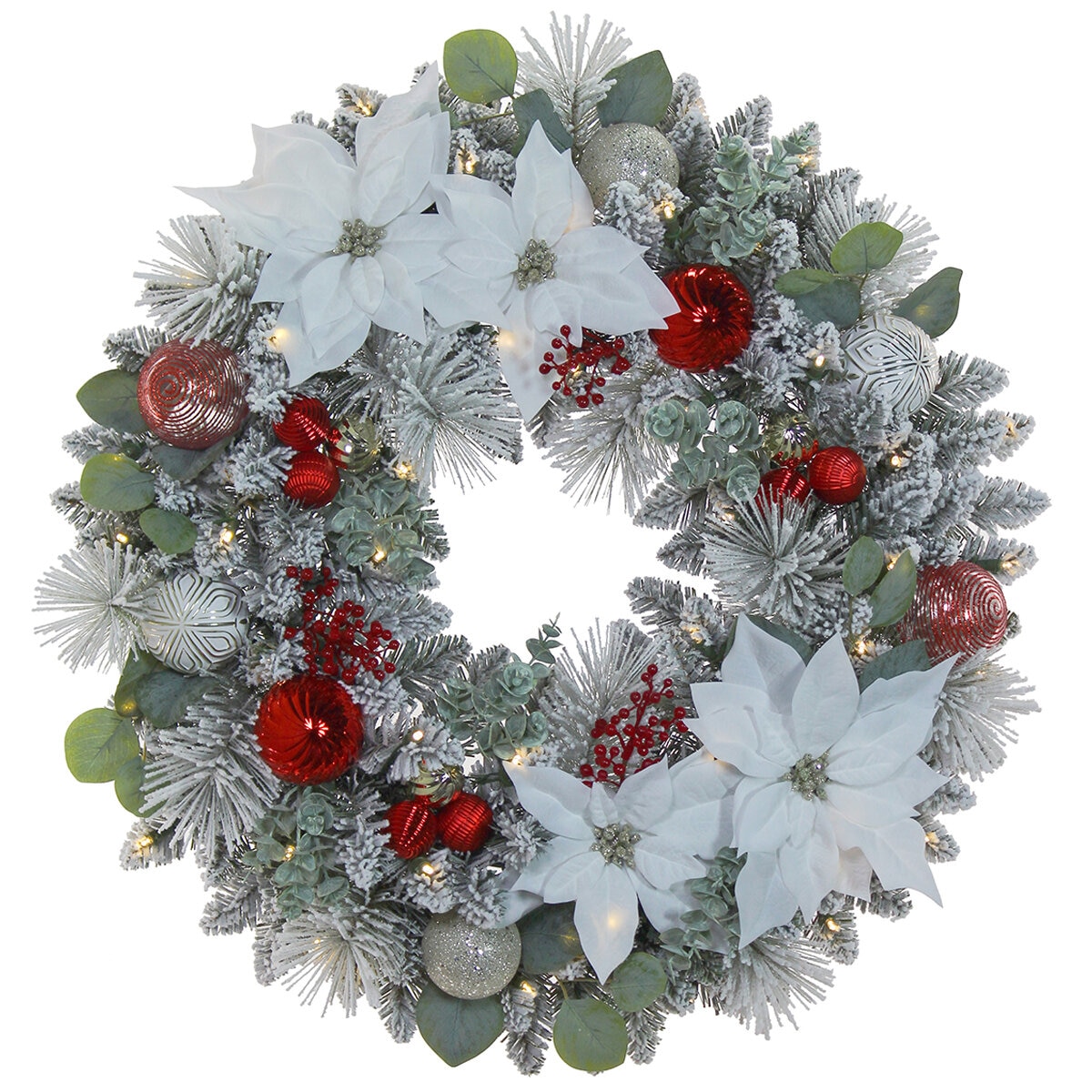 Pre-Lit Decorated Poinsettia Holiday Artificial Wreath 76.2cm White