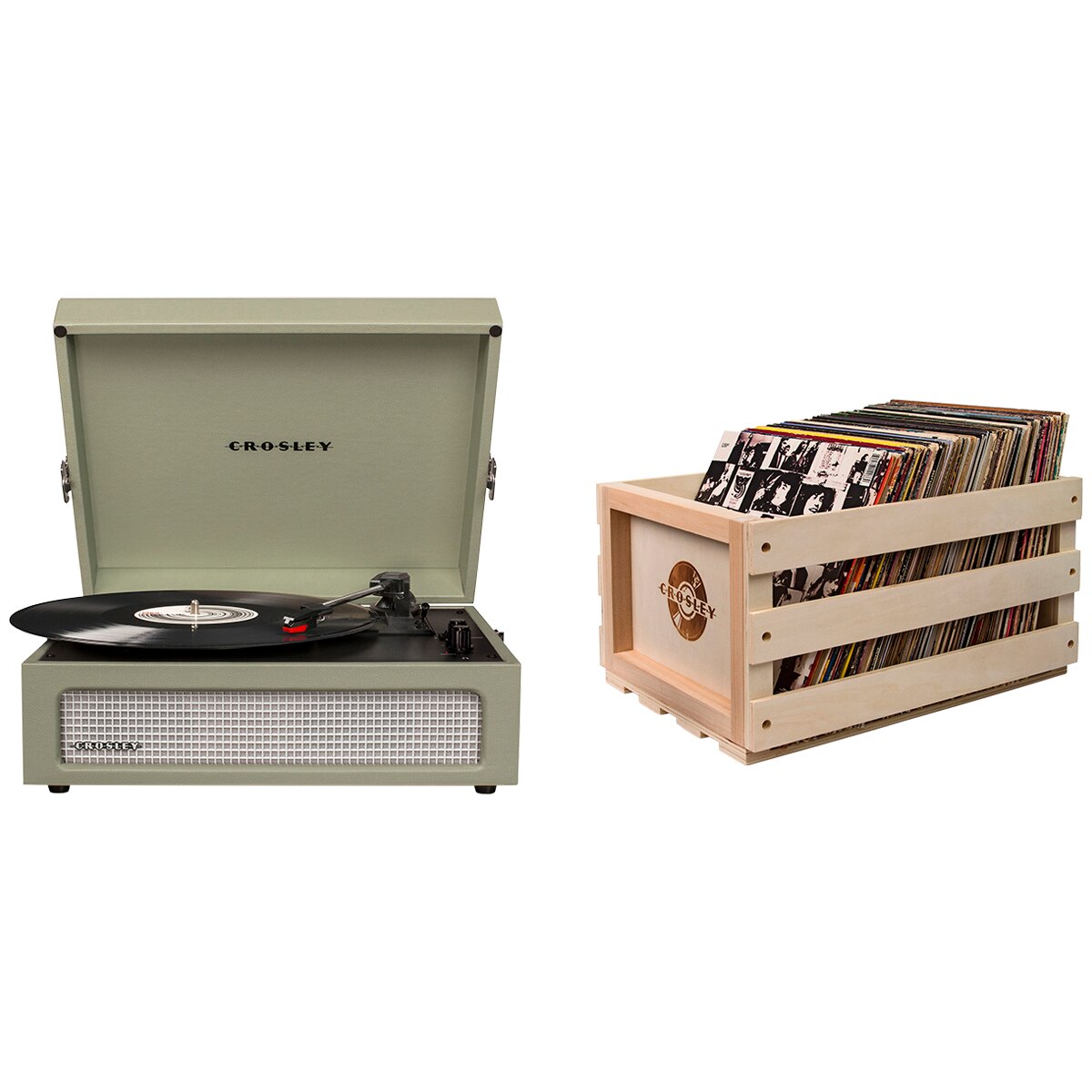 Crosley Voyager Portable Turntable in Sage & Bundled Record Storage Crate