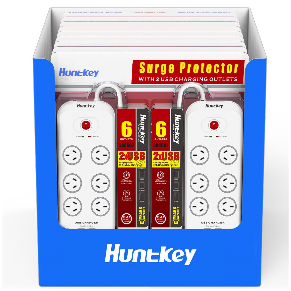 Huntkey 6 Way Powerboard With 2 USB Port And Surge Protection Pack 2 Piece