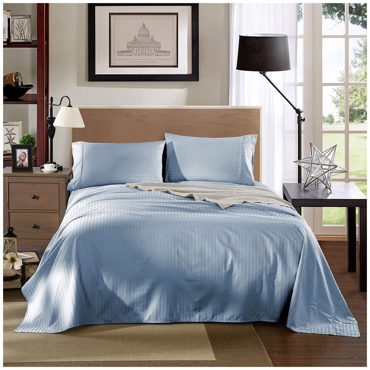 Bdirect Kensington 1200TC Cotton Sheet Set in Stripe - Double Chambray Blue