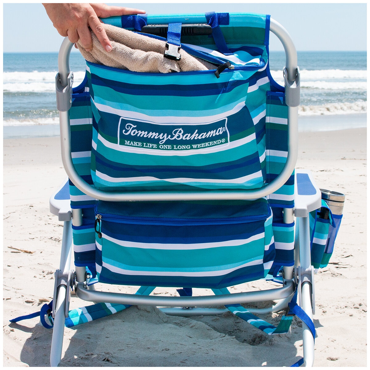 Tommy Bahama 5 position Aluminum Backpack Beach Chair 2 Pack Blue & Green Strip