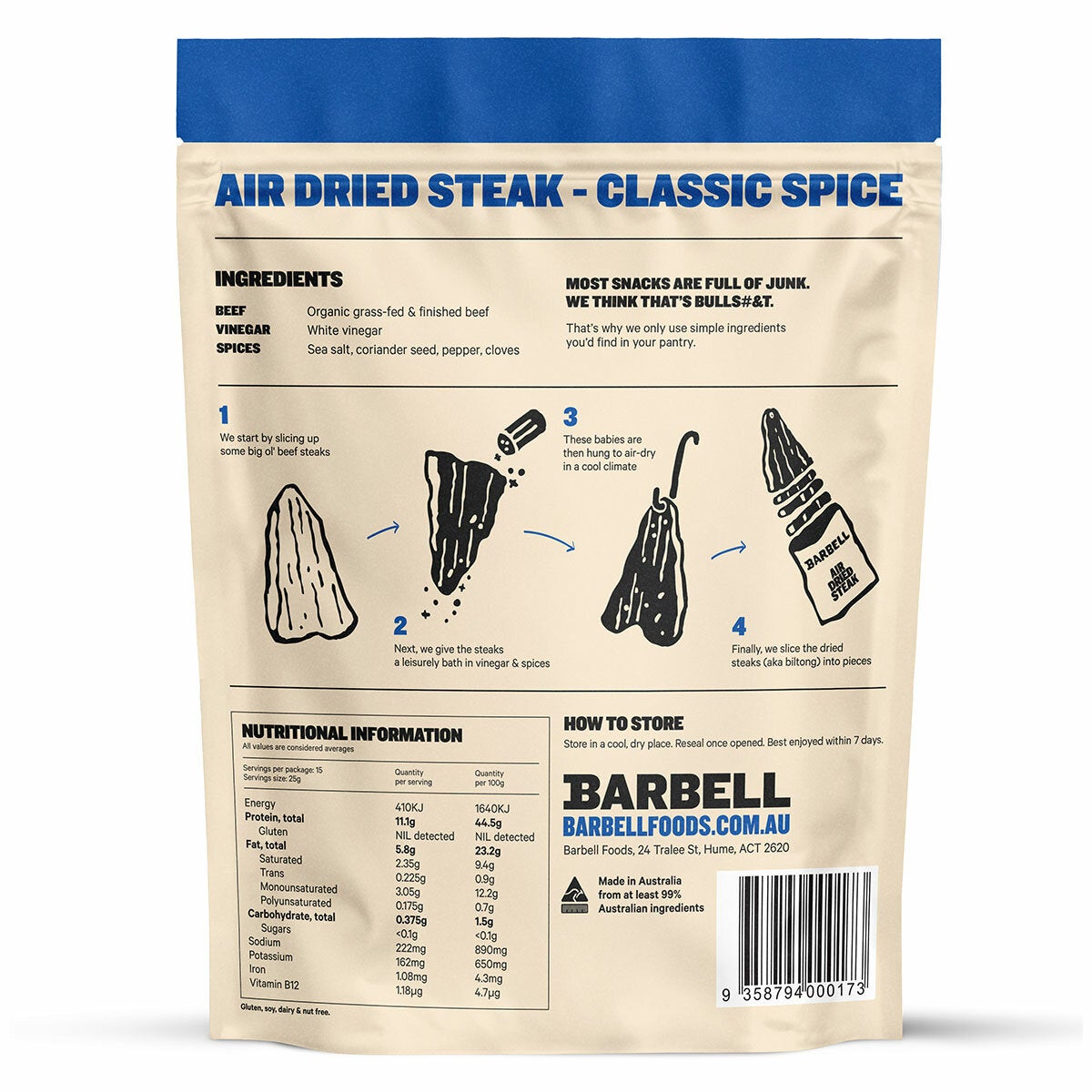 Barbell Biltong Air Dried Steak Original 375g - Grocery Online