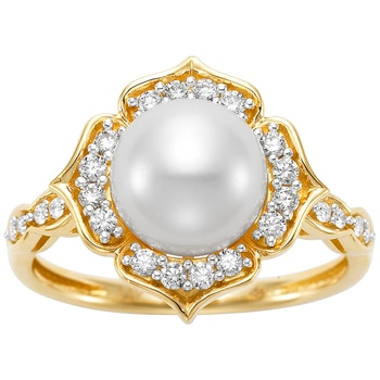 18KT Yellow Gold White Freshwater Pearl And Diamond Flower Ring