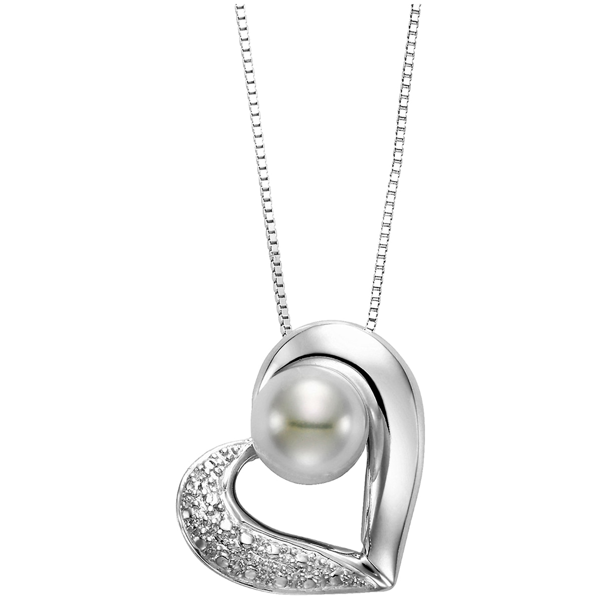 14KT White Gold White Freshwater Pearl and Diamond Heart ...