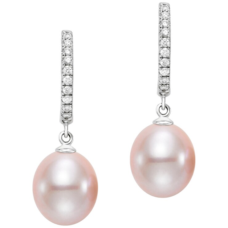 18KT White Gold Pink Freshwater Pearl and Diamond Earrings Costco