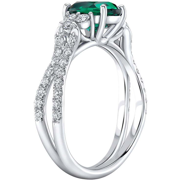 18KT White Gold Lab Created Emerald Oval and Diamond Ring