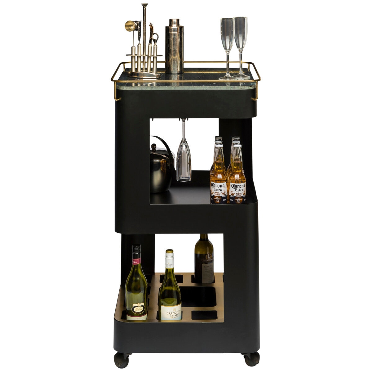 Wine Stash Miniature Bar Cart with Marble Top Black