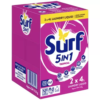 Surf 5 in 1 Tropical Laundry Liquid Detergent 2 x 4L