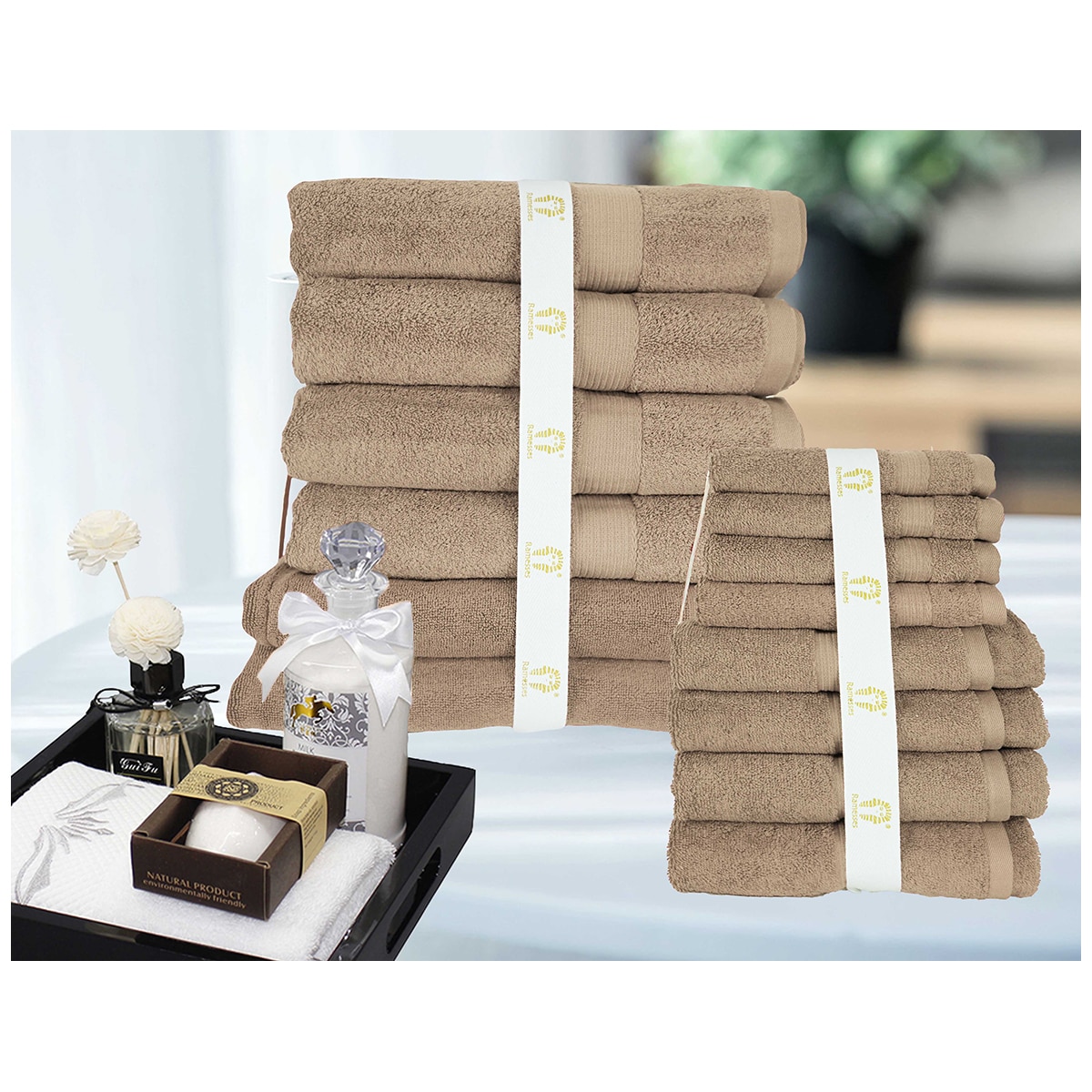 Kingtex 30% Bamboo & 70% Cotton 600gsm Bath Towel 14 piece - Mocca
