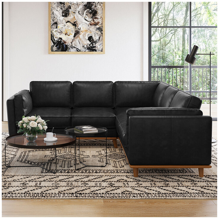 Valencia Artisan Top Grain Leather L-Shape Corner Sectional Lounge Black Color