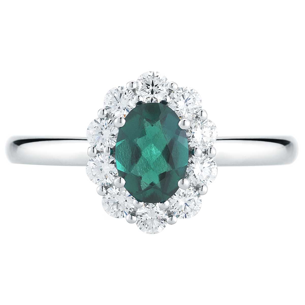 18KT White Gold 0.50ctw Round Diamond And Oval Lab Emerald Ring